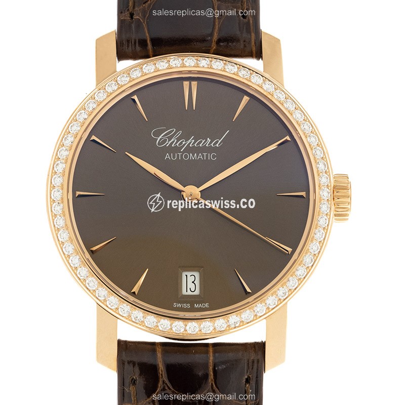 Chopard CLASSIQUE Replica - 18kt Rose Gold - Diamond Accents - Automatic Movement - Brown Dial & Leather Strap